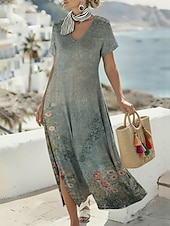  Mujer Vestido maxi Vestido bohemio Vestido informal Vestido de una línea Vestido Estampado Vintage Exterior Vacaciones Fin de semana Ajuste regular Floral Graphic Manga Corta Escote en Pico Verde