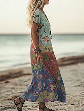  Dame Maxikjole Boho-kjole Uformell kjole Kjole med A-linje Print kjole Årgang utendørs Strand Feriereise Normal Blomstret Grafisk Kortermet V-hals Grønn Sommer Vår