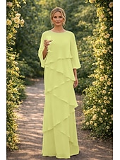 preiswerte Bodenlänge-Schlauchkleid Bodenlang Kleid für Hochzeitsgäste Abendkleid Brautmutterkleid Dreiviertelarm Rundhalsausschnitt Elegant Formell Chiffon mit Rüschen