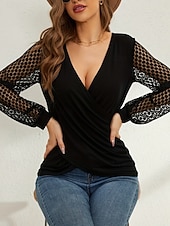 cheap Dressy Blouses-Women's Shirt Blouse Lace Tops Long Sleeve Tops Lace Plain Stylish Classic Modern Long Sleeve V Neck Regular Tops Daily Holiday Going out Black Summer Spring