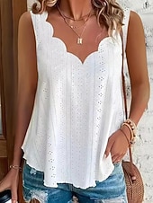 cheap Plain Tank-Women's Texture Blouse Eyelet Top Pointelle Tee Blouse Hollow Out Plain Casual Sleeveless V Neck Regular Tops Casual Daily Beach Blue Black White Yellow Pink Summer Spring