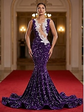 baratos Vestidos de Festa Sereia-Sereia Cauda Escova Vestidos de baile Vestidos de noite Vestido de Baile Vestido formal Festa Com Corte Brilhante Sem Manga Decorado com Bijuteria Baile de Formatura Festa de Noite Elastano Paetês com