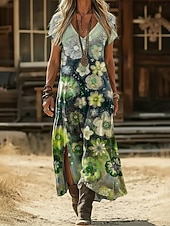 economico Abito Boho Etnico-Per donna Abito maxi Abito Boho Vestito Casual Abito a trapezio Abito Stampato Vintage All'aperto Vacanza Weekend Vestibilità regolare Floreale Grafico Manica Corta Scollo a V Blu marino Viola Verde