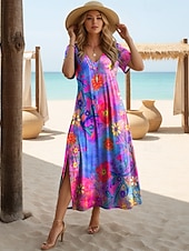 economico Arte &amp; Design Abiti-Per donna Abito Midi Abito a trapezio Casual Quotidiano Vestibilità regolare Floreale Astratto Manica Corta Scollo a V Bianco Viola Arancione Marrone Estate Primavera