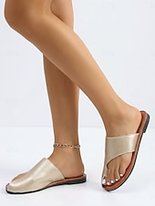 お買い得  スライドサンダル-レディースメタリックゴールドスリッポンサンダル - スタイリッシュな不規則なカットアウトデザインのフラットスライド。カジュアルな外出、ビーチウェア、毎日の快適さに最適。