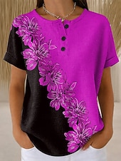 cheap Floral tee-Women's Waffle T Shirt Color Block Print Floral Graphic Vintage Stylish Classic Short Sleeve Crew Neck Regular Tops Daily Blue Red Purple Green Summer Spring