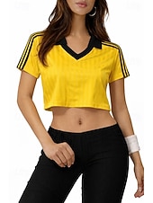 ieftine tricou simplu-Pentru femei Tricouri Tricou sport Echipament sportiv Bloc de Culoare Dungi Stilat Casual Manșon scurt În V Gulerul Polo Crop Tops Sport Ieșire Sfârșit de săptămână Negru Alb Galben Cafea Var