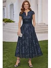 abordables Longitud a la altura del tobillo-Corte A Vestidos Hasta el Tobillo Vestido Cóctel Vestido Invitada Boda Vestido de Madrina Manga Corta Escote en Pico Escote Barco Elegante Casual Formal con Bordados Apliques