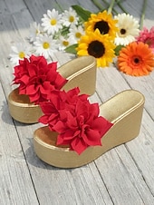 voordelige Sleehaksandalen-Groene sleehak sandalen voor dames – stijlvolle, met bloemen versierde slippers met een sleehak van espadrille-imitatie, perfect voor casual uitjes, zomervakanties en strandfeestjes.