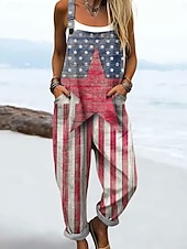  Salopette da donna per il giorno dell'indipendenza, grafica attiva, senza maniche, dritta, scollo quadrato, tasca con taschino, per tutti i giorni, spiaggia, vestibilità ampia, bianca, rossa, blu