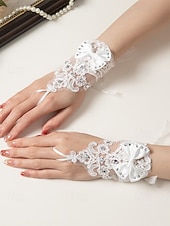 baratos Casamento ACC-Luvas femininas de renda até o pulso, confeccionadas em poliéster, um elegante acessório para noivas, ideal para casamentos, festas e ocasiões especiais.