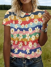 voordelige Kunst &amp; Design t-shirt-Dames T-shirt Afdrukken Bloemig Grafisch Stijlvol Klassiek Casual Korte mouw Strakke ronde hals Normale tops Dagelijks Uitgaan Weekend Regenboog Licht Blauw Zomer Lente