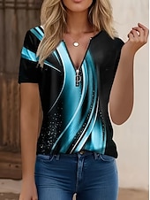 Недорогие Полосатая и геометрическая футболка-Жен. Футболка Цветовые блоки Четверть молния Графика Геометрический принт Абстракция тропический Гавайский Стиль С короткими рукавами Вырез под горло Обычные топы Свадьба на пляже Повседневные Спорт