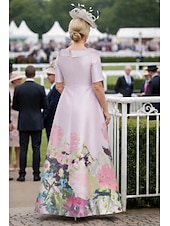 economico Lunghezza del pavimento-Linea ad A Lunghezza al pavimento Abito da invitata a nozze Abito Formale Abito Derby Abito da cerimonia per signora Mezza Manica Colletto a Camicia Elegante Derby del Kentucky Raso con Stampa