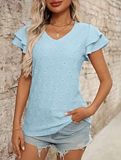 baratos Blusas Elegantes-Mulheres Camisa Social Topo de ilhó Blusa Patchwork Tecido à moda Clássico Moderno Manga Curta Decote V Tops regulares Diário Feriado Para Noite Preto Azul Céu Roxo Claro Laranja Verde Verão Primavera