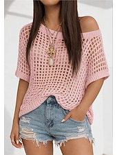 お買い得  プレーンTシャツ-女性用 オーバーサイズ Tシャツ 切り抜き スタイリッシュ ホット セクシー 半袖 バットウィングスリーブ クルーネック レギュラートップス お出かけ バケーションウェア ブラック ホワイト ピンク ネイビーブルー ブラウン 夏 春