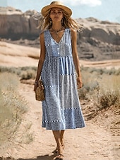 billige Stripe&amp;Geometric Dress-Women's Midi Dress Sundress Sheath Dress Summer Dress Vacation Casual Boho Daily Holiday Summer Dress Regular Fit Geometric Sleeveless V Neck Blue Brown Summer