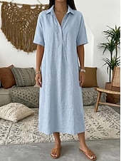 voordelige Witte jurk-Dames Halflange jurk Zonnejurk Zomerjurk Vakantie Casual Boho Dagelijks Feestdagen Uitgaan Ruim Passend Effen Korte mouw Revers blauw Grijs roze Zwart Geel Zomer Lente