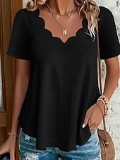 cheap Plain Blouses-Women's Pointelle Shirt Eyelet Top Blouse Eyelet Plain Active Basic Casual Short Sleeve V Neck Regular Tops Casual Daily Beach Black White Yellow Pink Wine Summer Spring