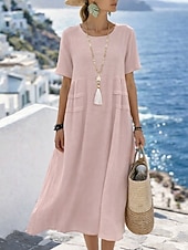 preiswerte Kleider-Damen Midikleid A Linie Kleid Sommerkleid Lässig Täglich Lässiger Schnitt Einfach Kurzarm Rundhalsausschnitt Blau Gelb Rosa Orange Sommer