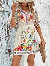 voordelige Boho Jurken-Dames Mini-jurk Boho-jurk Casual jurk Bloemetjesjurk Elegant Modieus Modern Buiten Vakantie Uitgaan Normale pasvorm Bloemig Korte mouw V-hals blauw Zwart Wit Zomer Lente