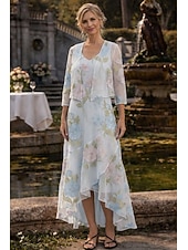 Недорогие Комплекты платьев для мам-Из двух частей А-силуэт Ниже колена Свадебное платье для гостей Платье для матери невесты Без рукавов Рукав 3/4 V-образный вырез Элегантный стиль Простой Официальные Дерби в Кентукки Полуформальный