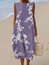 baratos Vestidos Florais-Mulheres Vestido midi Vestido de turno Vestidos Para o Verão Vestido A Line Férias Casual Boho Praia Festa Ajuste Largo Floral Gráfico Sem Manga Gola Redonda Azul Roxo Verde cáqui Verão Primavera