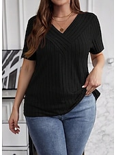 preiswerte Einfarbiges T-Shirt-Damen Übergröße Übergroße Rippstricktops T Shirt Stilvoll Lässig Kurzarm V Ausschnitt Lange Oberteile Täglich Ausgehen Wochenende Schwarz Wein Armeegrün Königsblau Purpur Sommer Frühling