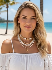 cheap Women's Necklace-Women's Multi-Layer Beaded Necklace and Bracelet Set with Starfish Pendant – Alloy Material, Bohemian Style, Colorful, Perfect for Vacation, Beach and Daily Casual Wear