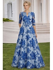 abordables Comprimento do chão-A-Line Floor Length Maxi Dress Wedding Guest Dress Mother of the Bride Dress 3/4 Length Sleeve V Neck Elegant Vintage Formal Satin Lace Organza with Floral Print Embroidery Flower