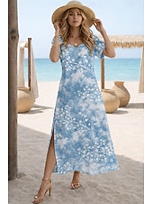 economico Arte &amp; Design Abiti-Per donna Abito maxi Vestito Estivo Abito a trapezio Vacanza Casual Boho A farfalla Spiaggia Vestibilità regolare Floreale Grafico Tribale Manica Corta Scollo a V Girocollo Blu bianco Blu scuro Blu