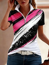 tanie Koszulka w paski i geometryczna-Damskie Podkoszulek Zamek Quarter Zip Graficzny Geometryczny Kolorowy blok Tropikalny Hawajskie Elegancki Krótki rękaw Wysoki Zwykłe topy Ślub na plaży Codzienny Sport Rumiany róż Czerwony