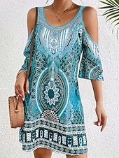 billige Boho-kjoler-Dame Mini kjole Boho-kjole Vintage kjole Uformell kjole Elegant Mote Moderne Feriereise Ut på byen Helg Normal Geometrisk Stamme Halvlange ermer V-hals Blå Lilla Brun Grønn Sommer Vår