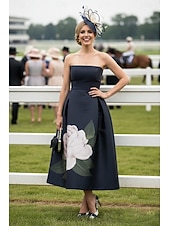  Corte A Hasta el Tobillo Vestido Cóctel Vestido Derby Vestido de Madrina Sin Mangas Sin Tirantes Elegante Vintage Invitado a la boda El derby de Kentucky Satén con Estampado flor