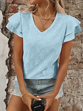 baratos Blusas Elegantes-Mulheres Camisa Social Topo de ilhó Blusa Patchwork Tecido à moda Clássico Moderno Manga Curta Decote V Tops regulares Diário Feriado Para Noite Preto Azul Céu Roxo Claro Laranja Verde Verão Primavera