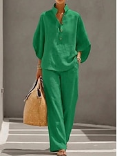 baratos Conjuntos Co-ord Falsos Essenciais-Mulheres Conjuntos de linho de algodão Manga 3/4 Colarinho Chinês Côr Sólida Diário Angustiado Casual Diário Preto Amarelo Vinho Verão Ajuste Largo