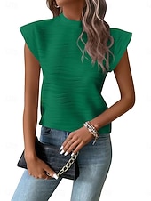 Недорогие Простая футболка-Жен. Рубашка Блуза Полотняное плетение Стиль Классика Современное С короткими рукавами Ложная шея Обычные топы Повседневные Праздники На выход Черный Белый Винный Зеленый Серый Лето Весна