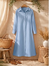 cheap Dresses-Women's Midi Dress Linen-feel Dresses Shirt Dress Casual Dress A Line Dress Fashion Basic Modern Daily Vacation Going out Regular Fit Plain Long Sleeve Shirt Collar Blue Black Wine Orange Spring Fall