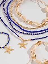 cheap Women's Necklace-Women's Multi-Layer Beaded Necklace and Bracelet Set with Starfish Pendant – Alloy Material, Bohemian Style, Colorful, Perfect for Vacation, Beach and Daily Casual Wear