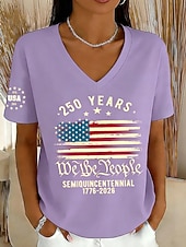 お買い得  独立記念日トップ-アメリカ独立記念日 女性用 Tシャツ プリント グラフィック フラッグ アメリカの国旗 ヴィンテージ スタイリッシュ クラシック 半袖 Ｖネック レギュラートップス 日常 ピンク ルビーレッド パープル カーキ色 夏 春