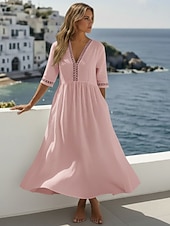 economico Abiti di Lusso-Per donna Abito Midi 100% cotone Abito a Tubino Abiti in cotone e lino Vestito Casual Essenziale Classico Casual Quotidiano All'aperto Vacanza Vestibilità comoda Semplice Mezza Manica Scollo a V