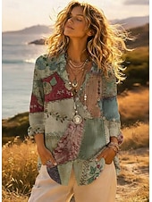 preiswerte Hemden-Damen Hemd Knopfleiste Bluse Kunstbaumwollleinen Knöpfe Druck Blumen Geometrisch Basic Lässig Langarm Hemdkragen Normale Oberteile Täglich Armeegrün Rote Khaki Grau Sommer Frühling Herbst