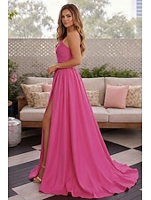 abordables Vestidos de noche de cintura imperio-Corte A Hasta el Suelo Trajes de gala Vestidos de noche Corte Cenicienta Vestimenta formal Elegante Minimalista Sin Mangas Un Hombro Fiesta de baile Invitado a la boda Satén con Plisado Abertura