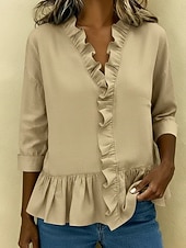 economico Camicie-Per donna Camicie effetto lino Blusa Camicia di cotone Volant Tinta unica Quotidiano Elegante Essenziale Manica 3/4 Scollo a V Top Regolari Quotidiano Blu Nero Bianco Cachi Rosso Estate Primavera