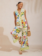 billiga Damvästar 1-Luftig ärmlös topp i linne-look med citrusträdgård och semestermönster