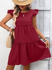 baratos Vestido branco-Mulheres Minivestido Vestido casual vestidos peplum Elegante Moda Moderno Ao ar livre Férias Para Noite Ajuste Largo Tecido Manga Curta Gola Redonda Azul Preto Verde Tropa Vinho Verão Primavera