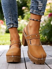 cheap Mary Jane Pumps-Women's Chunky Mary Jane Heels – Brown Platform High Heels with Adjustable Strap for Casual Wear, Office &amp; Garden Party Shoes