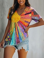  Damen T Shirt Druck Blumen Farbblock Vintage Lässig Boho Kurzarm V Ausschnitt Normale Oberteile Täglich Regenbogen Sommer Frühling