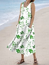 abordables Vestidos florales-Mujer Vestido Midi Vestido de verano Vestido de una línea Vacaciones Casual Boho Festivos Holgado Floral Graphic Sin Mangas Escote en U Azul Piscina Rojo Morado Verde Trébol Verano Primavera