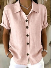 tanie Gładkie bluzki-Damskie Bluzka Guziki Jednokolorowe Elegancki Codzienny Krótki rękaw Kołnierzyk koszuli Zwykłe topy Codzienny Niebieski Biały Rumiany róż Czerwony Zielony Lato Wiosna Jesień